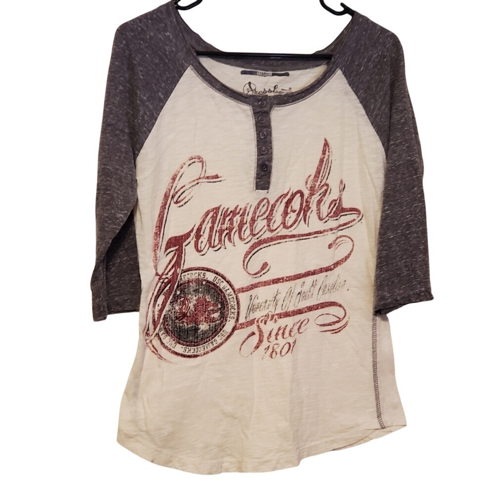 Pressbox South Carolina Gamecocks Henley Raglan Shirt Womens‎ Medium Grey Cream